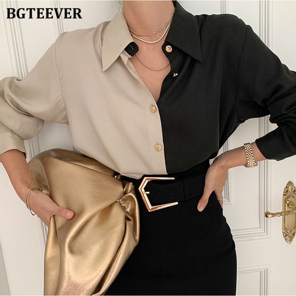 

spring chic women single-breasted patchwork shirts elegant turn-down collar long sleeve loose female blouses 2021, White