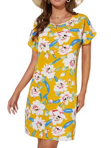 

tall floral print batwing sleeve tunic dress x9tn#, Black;gray