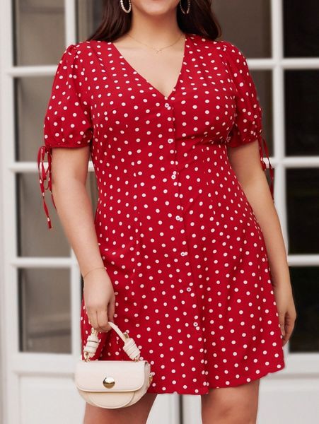 

plus polka dot print knot cuff puff sleeve dress 23lm#, Black