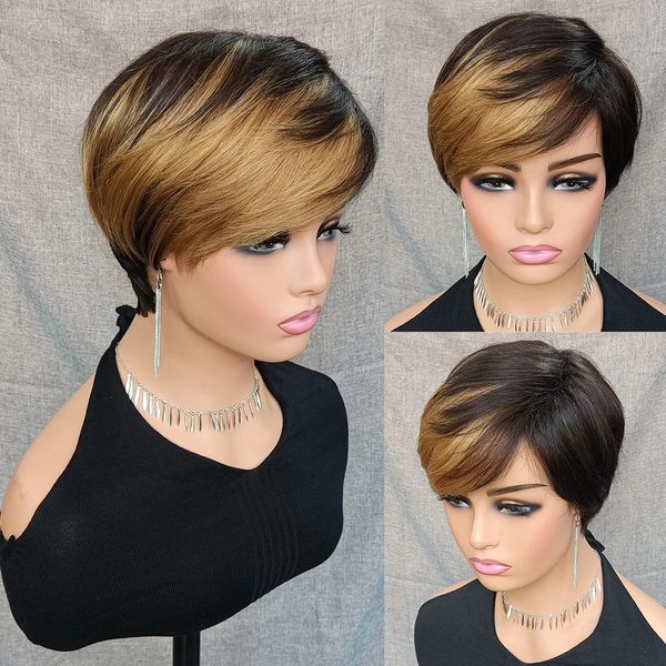 

Blonde Ombre Color Short Pixie Cut Human Hair Wigs Straight Bob Wig with Bangs Full Machine Made Wig for Women, Ombre blonde