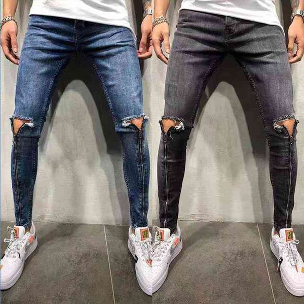 

men's jeans jeans hole long zipper men's leggings 4jwf, Blue