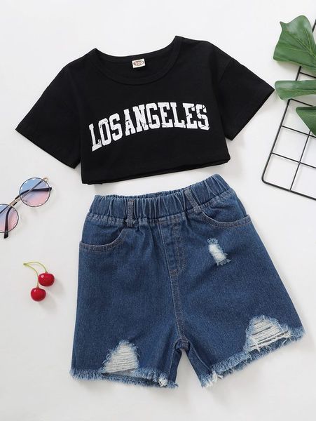 

toddler girls letter graphic tee & ripped raw trim denim shorts she, White