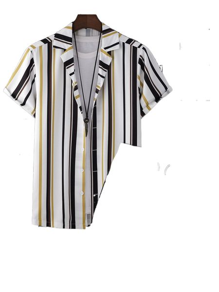 

men random striped print shirt & drawstring waist shorts without tee c0gc#, Gray