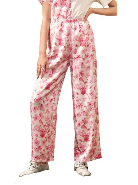 

elastic waist floral print wide leg pants w0co#, Black;white