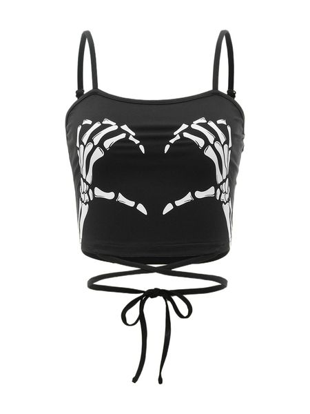 

skull print tie back crop cami 618v#, White