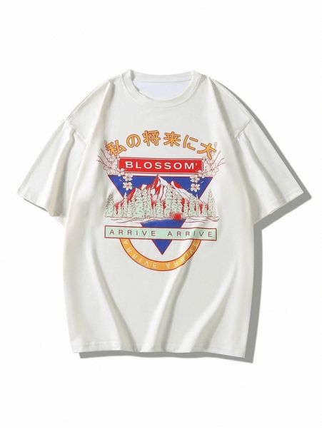 

men mountain & japanese letter graphic tee s0ti#, White;black