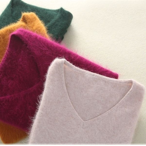

autumn winter women vneck warm pullover 100% pure color mink cashmere sweaters women knitted soft sweater s2xl 8 color y200720, White;black