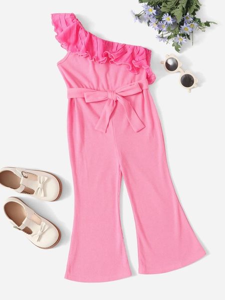 

toddler girls one shoulder ruffle trim belted flare leg jumpsuit she, Blue