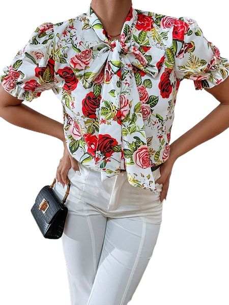 

floral print tie neck puff sleeve blouse w6dl#, White