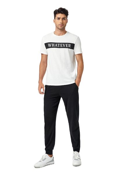 

men letter graphic tee & drawstring waist sweatpants p1zl#, Gray