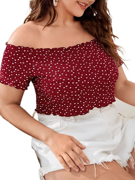 

plus off shoulder heart print lettuce trim tee t4re#, Black