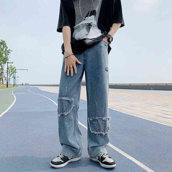 

blue paint points patchwork jeans men women high street hip hop straight jean pants baggy jeans couple casual denim trousers t220726