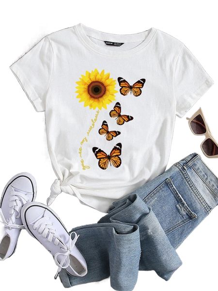 

butterfly & sunflower print tee s1ty#, White