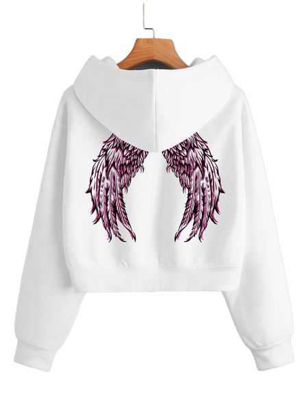 

wings print thermal lined drawstring crop hoodie i0a7#, Black