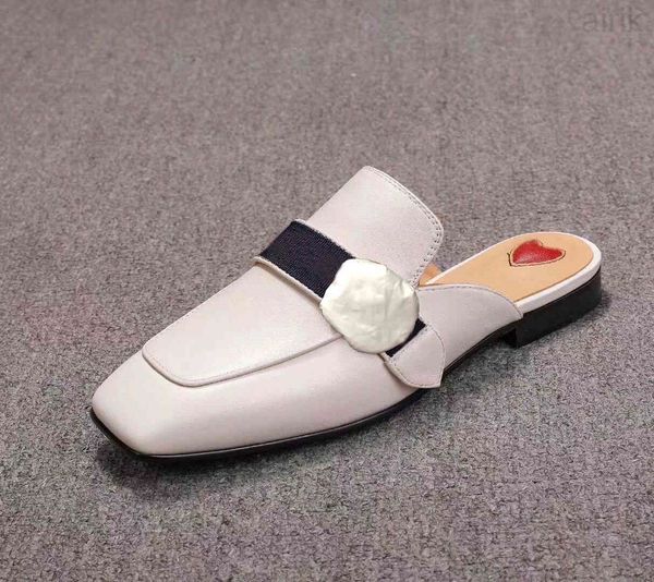 

summer men beach slippers classic designer lazy flat baotou flip flops 100% leather lady slides suede letter women shoes cowhide metal mens, Black