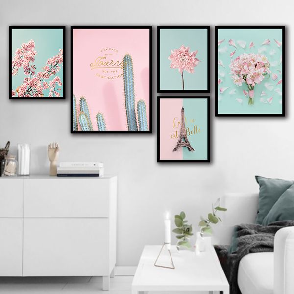 Nordic Poster Und Drucke Wand Kunst Turm Rosa Blumen Leinwand Malerei Wand Bilder Für Wohnzimmer Dekor