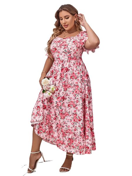 

plus floral print ruched sweetheart neck flounce sleeve ruffle hem dress q1fo#, Black