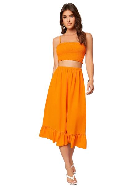 

shirred frill trim chiffon cami & ruffle hem skirt c2q3#, White