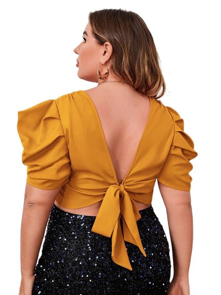 

plus tie back puff sleeve h81e#, Black