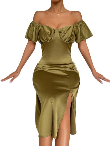

ruched bust split thigh off shoulder satin dress h3ll#, Black;gray