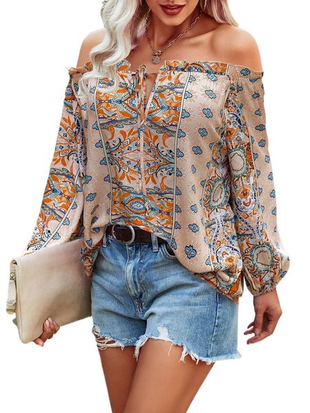 

floral print off shoulder frill trim knot front blouse j0x1#, White