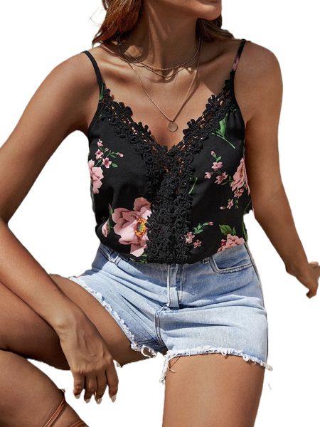 

floral print guipure lace insert cami s3xa#, White