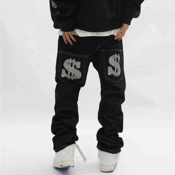 

mens letter print denim jeans american high street loose casual black straight-leg pants baggy denim jeans for men streetwear t220803, Blue