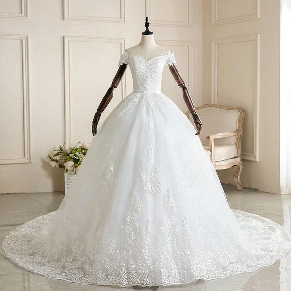 

other wedding dresses boat neck dress 2022 luxury lace 1m train up bridal ball gown princess plus vestido de noiva robe mariee, White