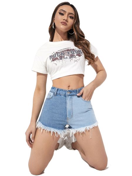 

raw hem colorblock denim shorts v7cr#, White;black