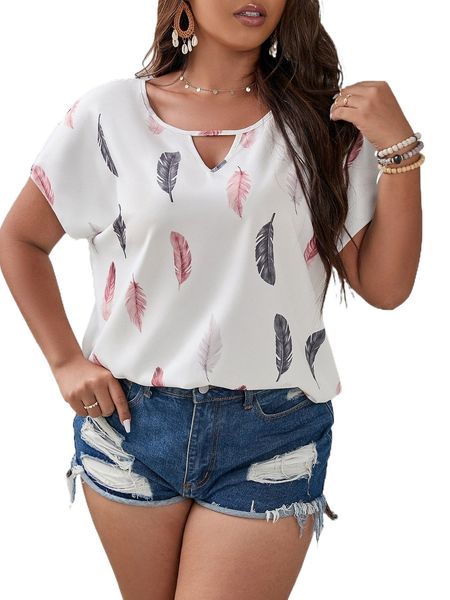 

plus feather print keyhole neck dolman sleeve blouse 67ad#, Black