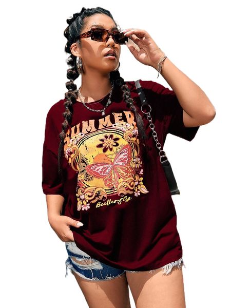 

plus butterfly & letter graphic drop shoulder tee l3r4#, Black