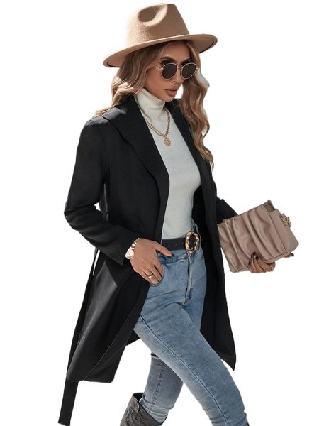 

solid belted wrap coat j3eq#, Black
