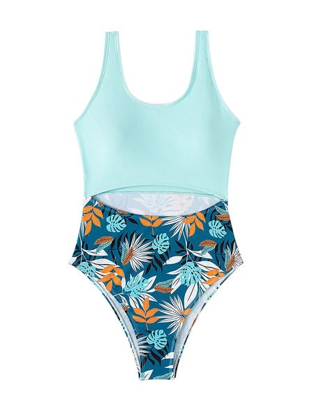 

random tropical print cut out one piece swimsuit m2v4#, White;black