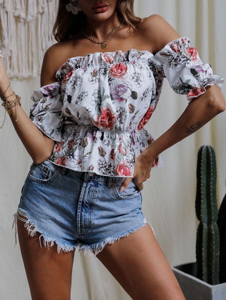 

floral print off the shoulder peplum blouse t7ds#, White