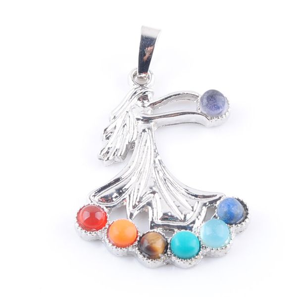 

natural gemstone beads pendant healing reiki chakra meditating figure saintess charm jewelry dn3266, Silver