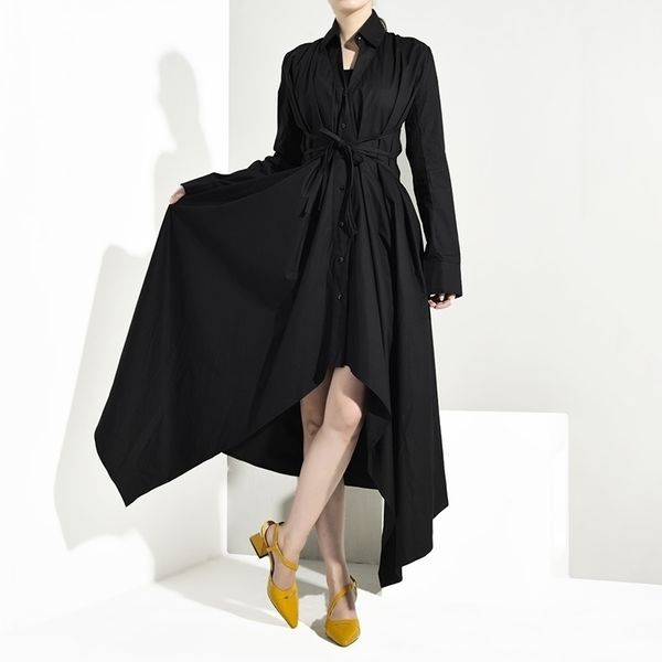 

eam women black bandage asymmetrical shirt dress turndown collar long sleeve loose fit fashion spring autumn jy7780 y200805, Black;pink