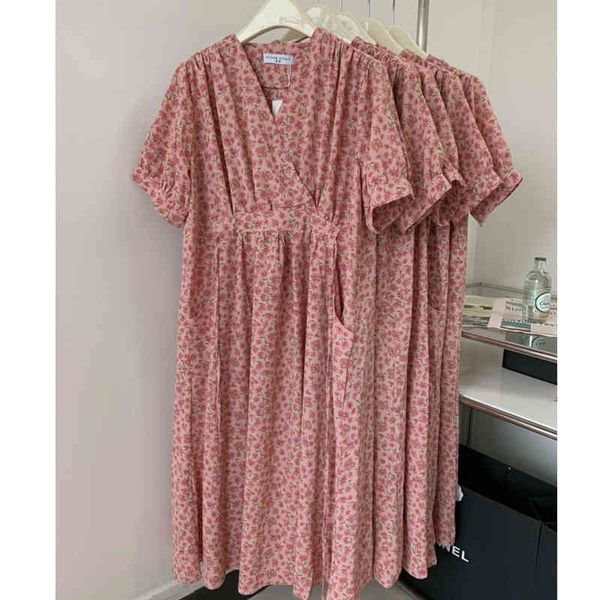 

casual dresses french dress broken flower 2022 style temperament v-neck closed waist thin short sleeve foreign versatile long skirt women&#0, Black;gray