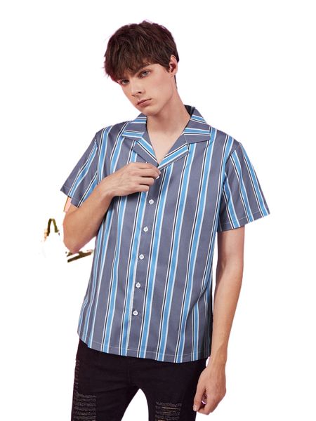 

romwe guys striped lapel neck shirt o0cc#, White;black