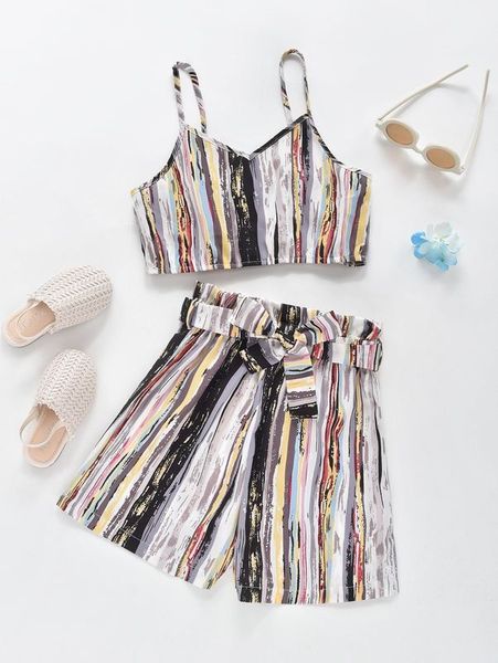 

girls brush print cami & paperbag waist belted shorts she, White
