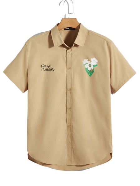 

men floral & slogan graphic high low shirt r9o2#, White;black