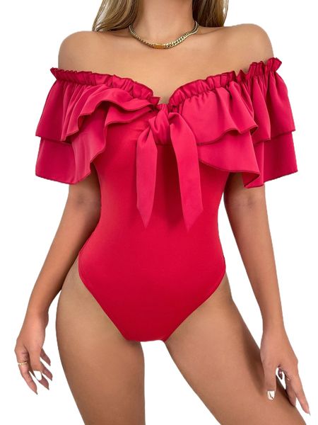 

off shoulder ruffle trim knot front bodysuit k1iy#, White