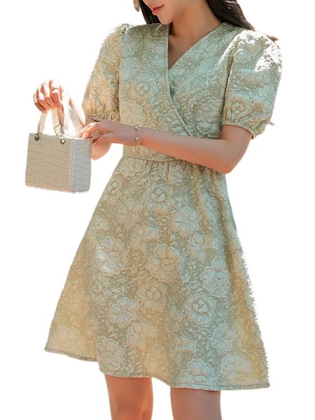 

dazy floral pattern surplice neck puff sleeve dress b2cx#, Black;gray