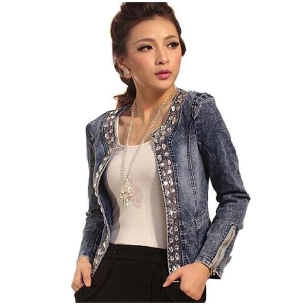 

fashion women diamonds denim coat ladies jacket slim jeans casaco plus size blazer feminino 4xl y201026, White;black