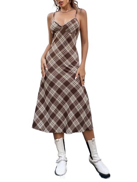 

plaid print cami dress 88l8#, Black;gray