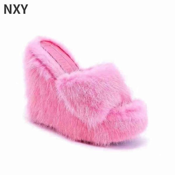

slippers new fur women's wedge heel shoes women high-heeled furry drag fashion outdoor all-match slides 220329, Black