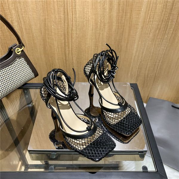 

luxury designer sandals classic mesh square head women high heel dress shoes office party shoe with box, Black