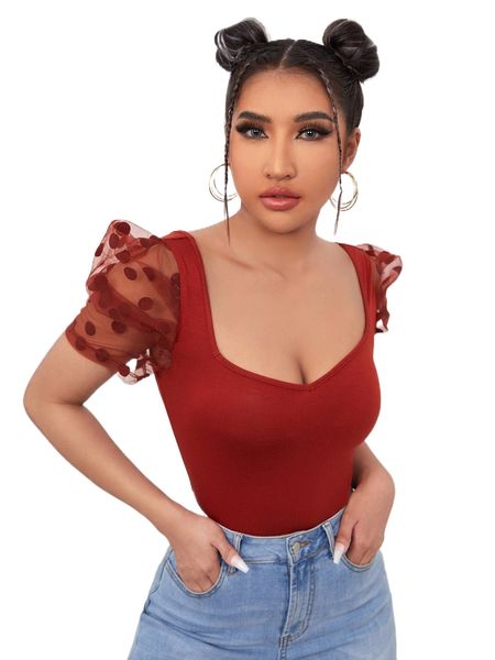 

sweetheart neck dobby mesh sleeve z7ru#, White