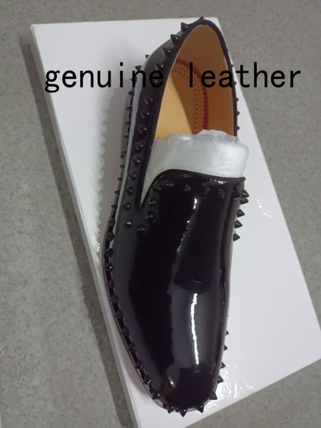 

fashion design men rivets wedding shoes patent flats spring summer slender silhouette spike studded loafers for mens, Black