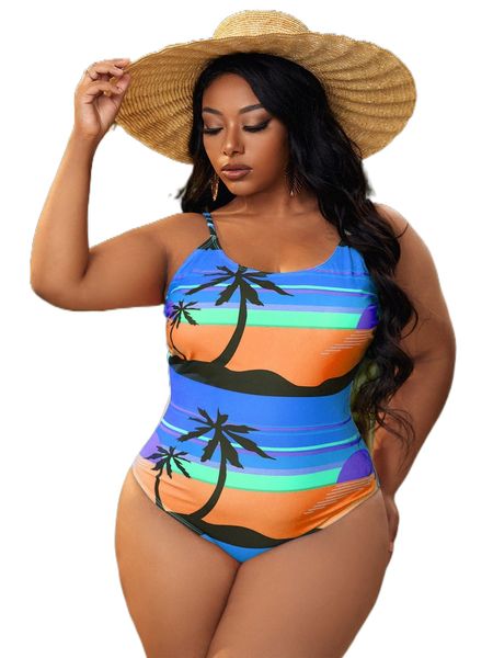 

plus allover print one piece swimsuit l5me#, White;black