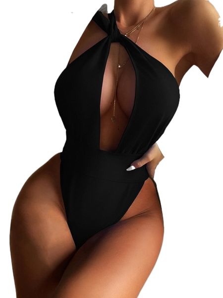 

plain cut out loop shoulder one piece swimsuit c8np#, White;black